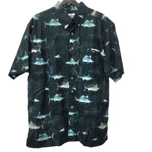 Sportsman's Gear Fish Swordfish Navy Blue Short Sleeve Button Shirt mens size XL